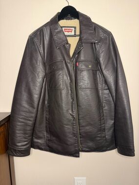 Levi's Men's Dark Brown Leather Bomber Jacket with Cream Sherpa Lining